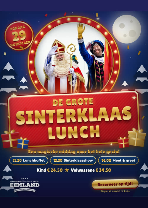 De Grote Sinterklaaslunch bij Grandcafé Eemland op zondag 29 november 2026, met Sinterklaas en Piet