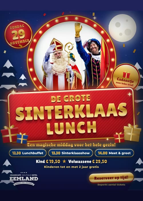De Grote Sinterklaaslunch bij Grandcafé Eemland op zondag 29 november 2026, met Sinterklaas en Piet